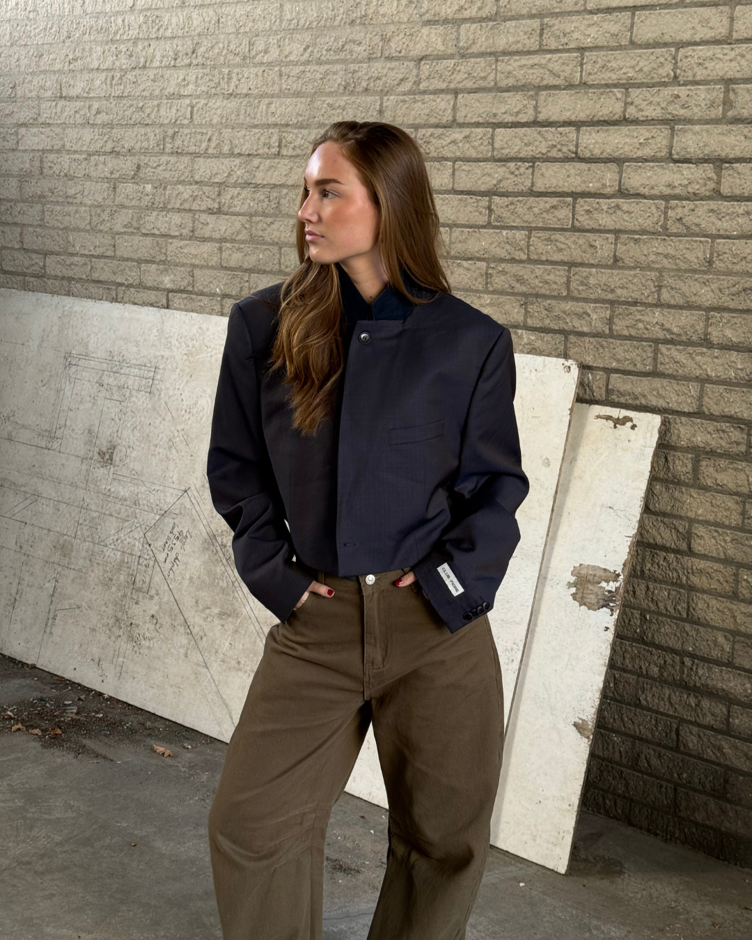 Vintage Mao Collar Cropped Blazer - Navy