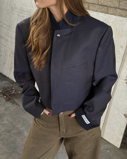 Vintage Mao Collar Cropped Blazer - Navy