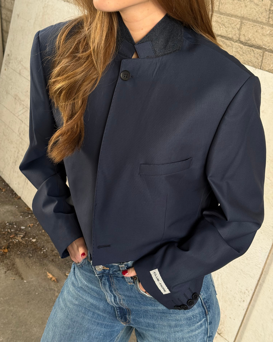 Vintage Mao Collar Cropped Blazer - Blue